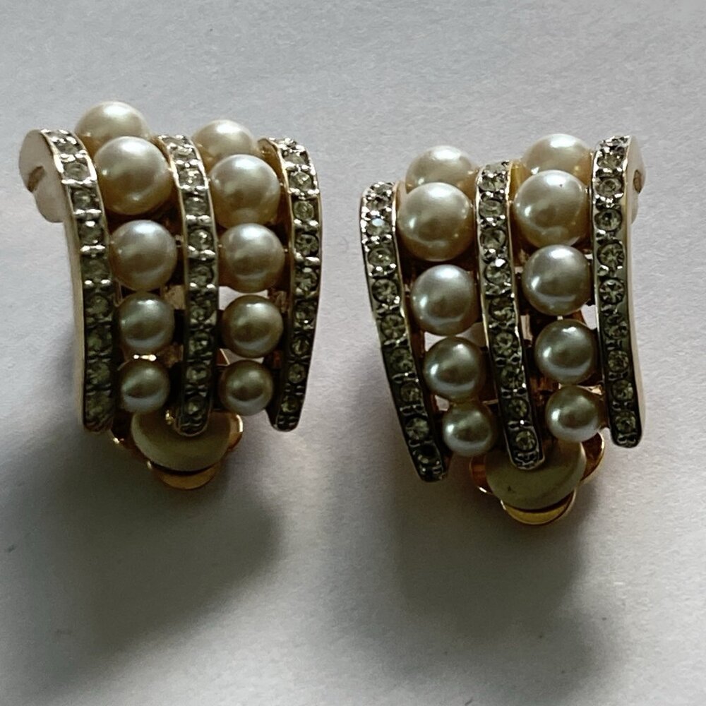 VTG Carolee Earrings Rhinestone Clip Statement Wedding Simulated Diamond Pearls - Picture 9 of 12